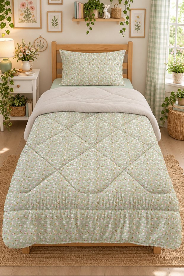 Mint Green Crispy Floral Patterned Single 160X220 cm Welsoft Double-Sided Quilt and Sleeping Set