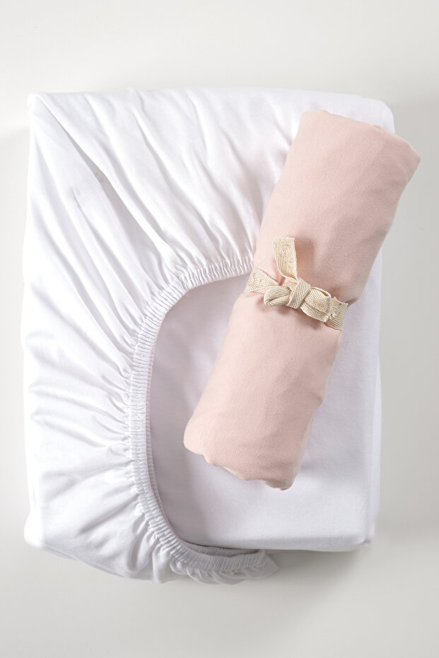 Organic White - Pink Color Elastic Baby Bed Sheet I 60X120Cm - 2 Pieces - Child Bed Sheet I