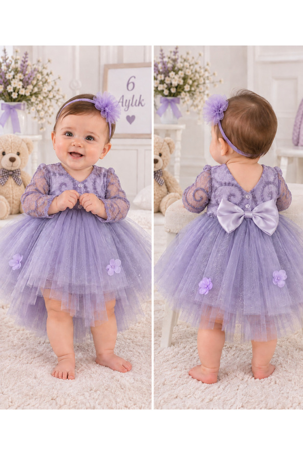 Baby Girl Tailed Wedding Dress Lace Floral Tulle Dress Mevlüt Dress