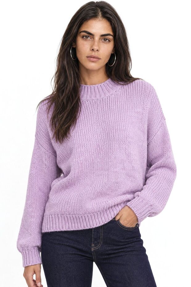 Mixray Relaxed Fit Round Neck Thick Knit Sweater