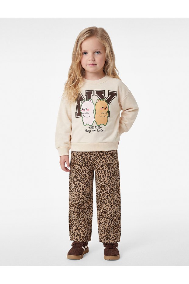 Long Sleeve Three Thread Crew Neck Teddy Bear Printed Sweatshirt