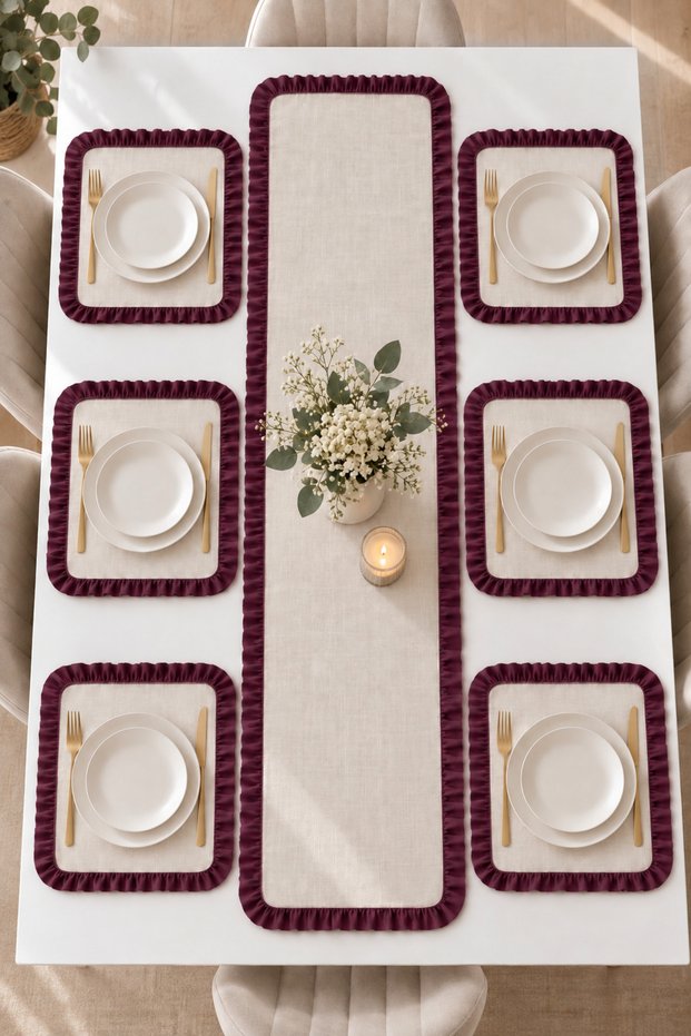 7-Piece Ruffled Runner and American Service Set – Burgundy Detailed Tableware Set for 6 People