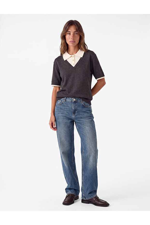 Layered Contrast Detailed Buttoned Polo Collar Short Sleeve Knitwear Sweater