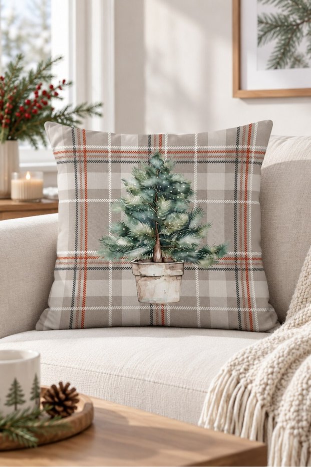 Pine Tree and Plaid Patterned Digital Printed Suede Cushion Cover - 43X43 cm