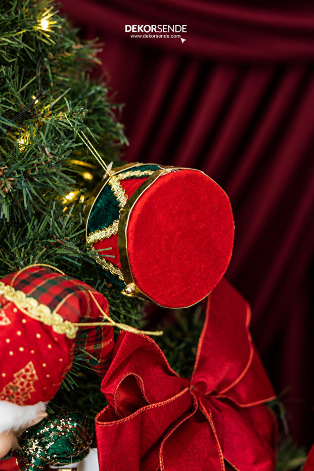 Christmas Ornament Decorative Drum Velvet Red Green 10 cm