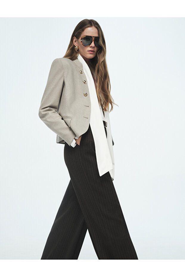 Viscose Blended Pocketed Ornamented Buttoned Long Sleeve High Collar Military Blazer Jacket