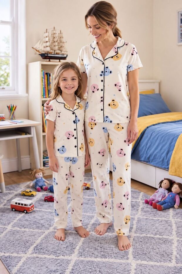 Suitable for Girl and Mother Cotton Cream Teddy Bear Pattern Shirt Collar Buttoned Short Sleeve Sleepwear with Eyewear Pajama Set
