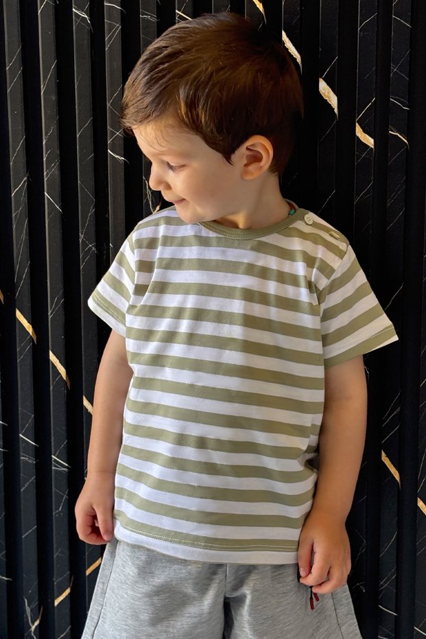 Boy's Short Sleeve T-Shirt with Patchwork Stripes, 1-3 Years Old, Khaki Green