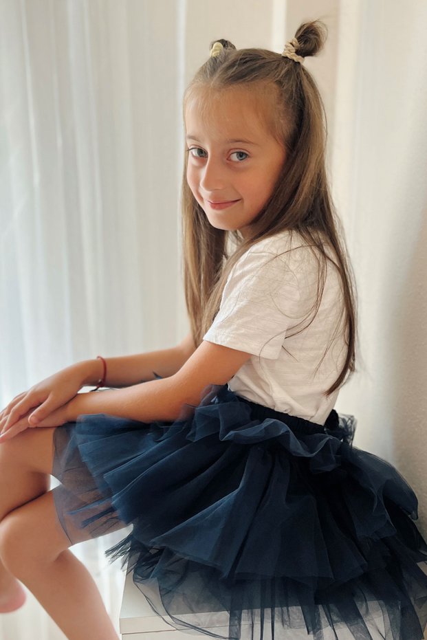 Girl's Tutu Skirt with Tulle Detail, Layered Bow Accessory, Ages 4-8, Navy Blue