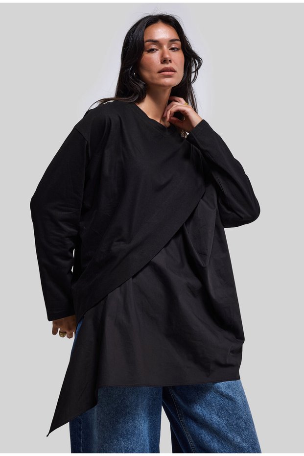 Women's Black W5 Oversized Double Piece Design Shirt Sweatshirt