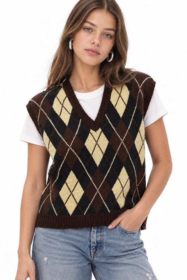 Mixray V-Neck Diamond Patterned Knitwear Vest