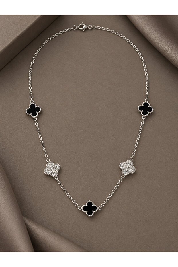 316L Steel Chain Silver Color Black and Zircon Stone Baby Boy Clover Women's Necklace