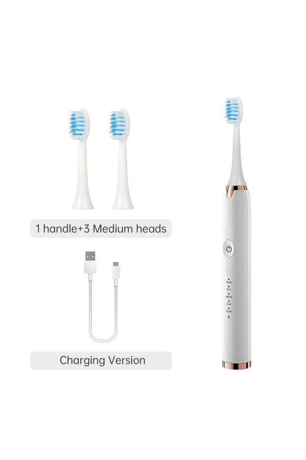 White With 3 Heads Tongwode Electric Sonic Toothbrush USB Rechargeable Waterproof Electronic Ultraso