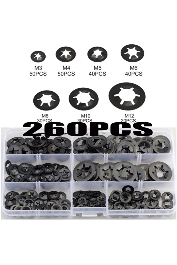 260Pcs Star Lock Washers Kit Push On Speed Clips Fasteners Assortment Kit M3 M4 M5 M6 M8 M10 M12