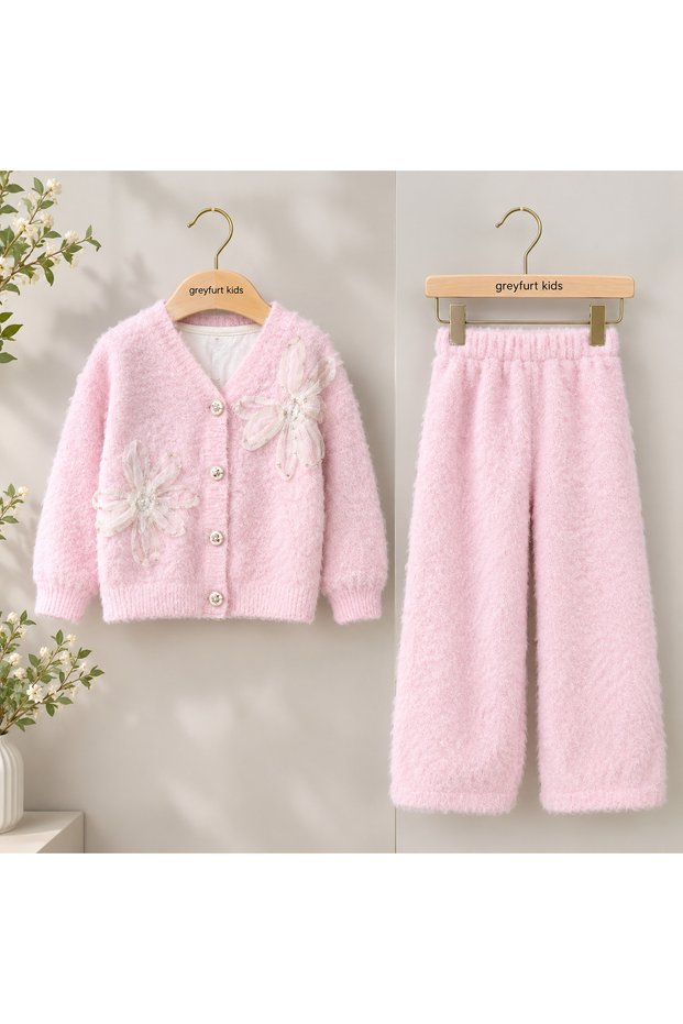 Girl's Floral Detailed Soft Textured Cardigan Pants 2-Piece Set