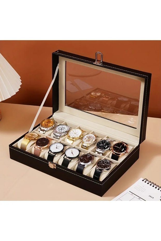 black 1pc Watch Organizer - 12-Slot Display Case with Lock & Removable Pillows | Synthetic Leather S