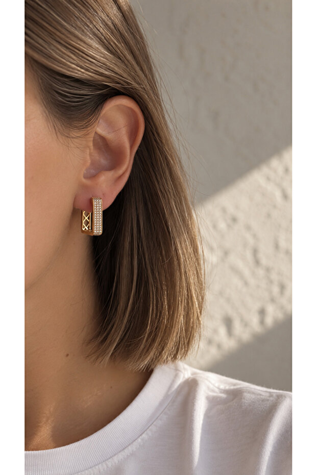 Steel Rose Gold Embedded Row Stone Square Form Haines Earrings -Not Tarnish-