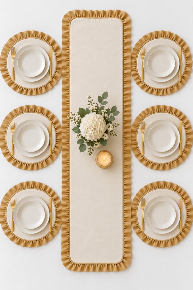 7-Piece Ruffled Runner and American Service Set – Gold Detailed Tableware Set for 6 People