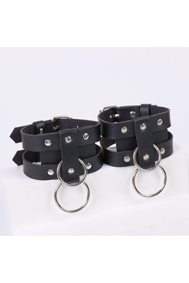 StyleA 2PCS UYEE 1 Pair Black O-Ring Punk Ankle Belt Leather Feather Anklet Unisex Alloy Pendant Acc