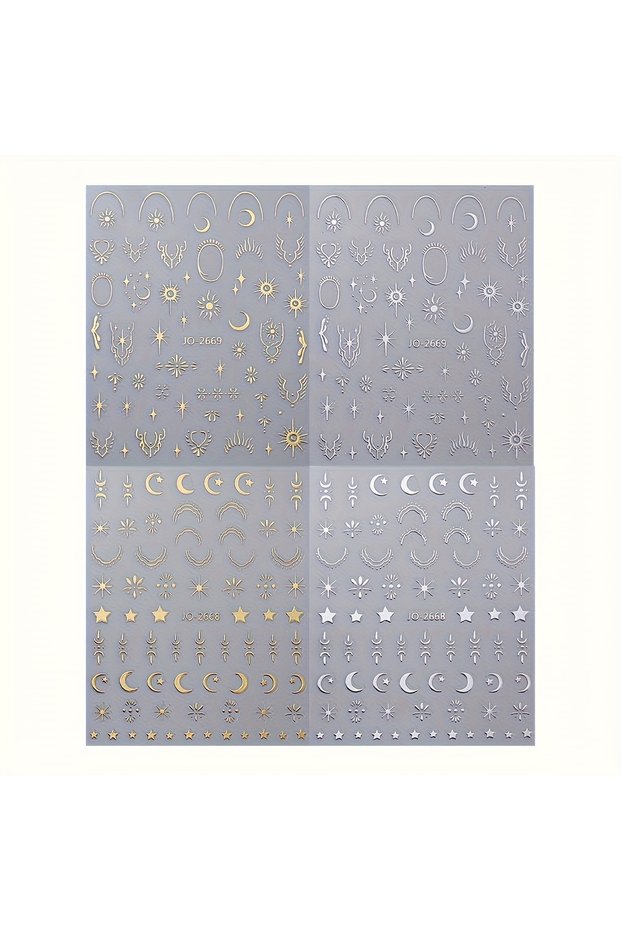 4 sheets Set of 4 Bohemian Star And Moon Stickers in Golden & Silvery Colors for Nail Art