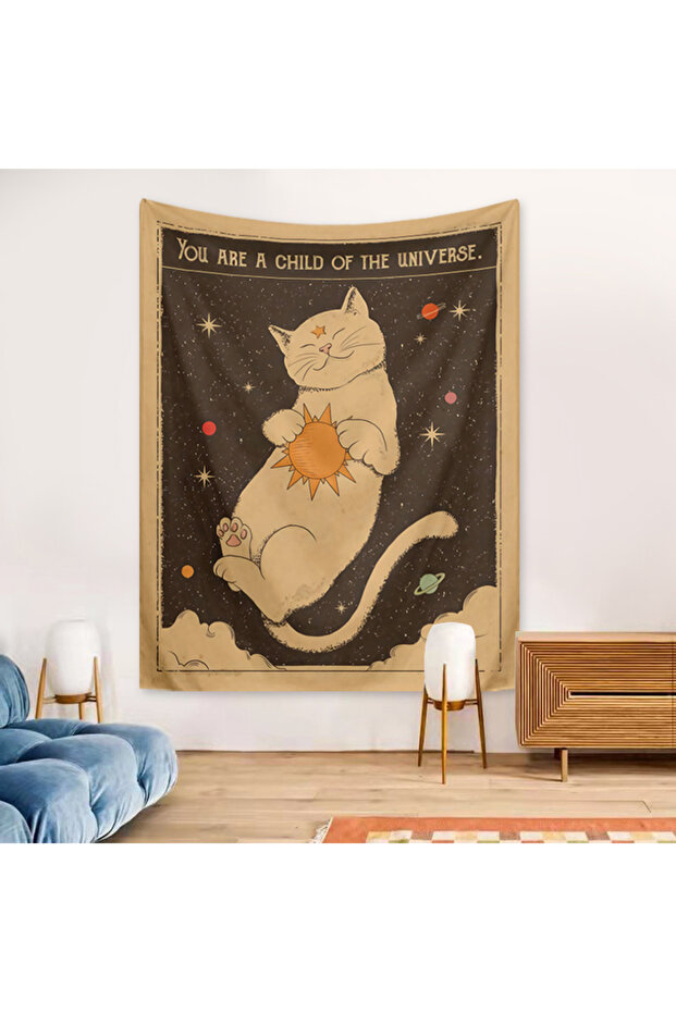 95x73cm GT3391 1pc Tarot Cat Tapestry, Moon Phase Sun Universe Starry Sky Tapestry, Cute Cat Wall Ha