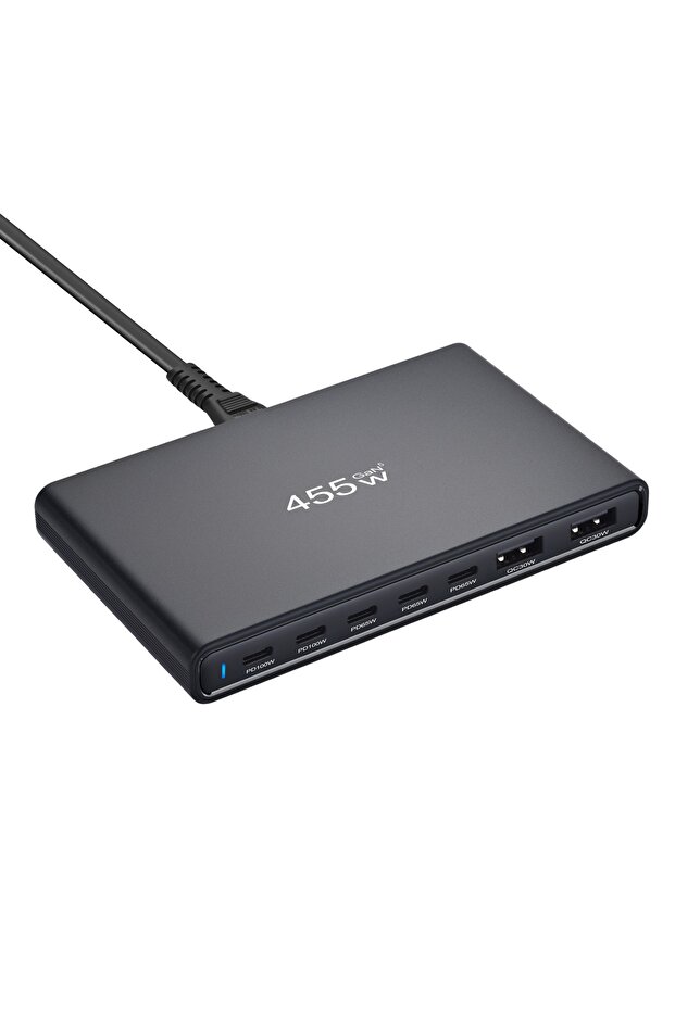 EU black Ultra-Slim 455W GaN Desktop Charger 5C2A Multi-Port Fast Charging for Phones And Tablets Co