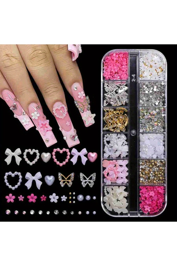 12Grids 12Grid Mixed Alloy Butterfly Bow Nail Rhinestones Mini Flower Gems Pearl Heart Nail Decorat