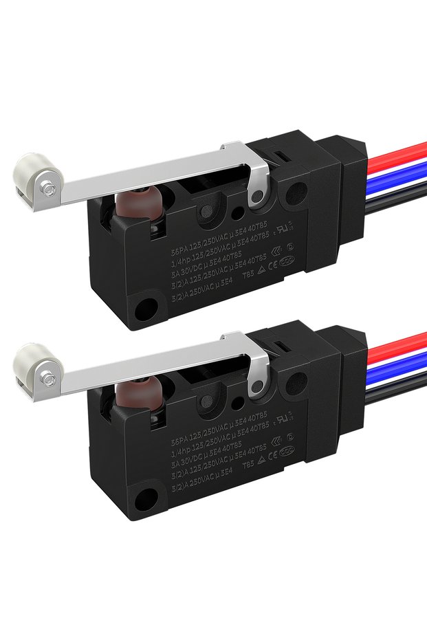 Roller Lever 2PCS Waterproof Micro Limit Switch with Long Straight Roller Lever SPDT 3 PIN Pre-wired