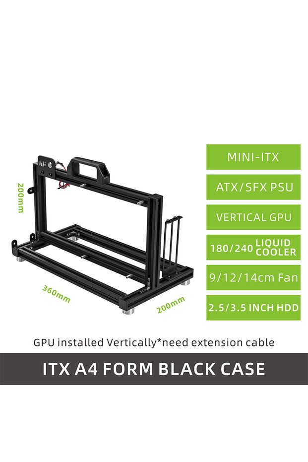 A4 Black Case METALFISH ITX A4 Aluminum Open Frame Case, Vertical GPU, 240mm Cooler, Mini-ITX Compat