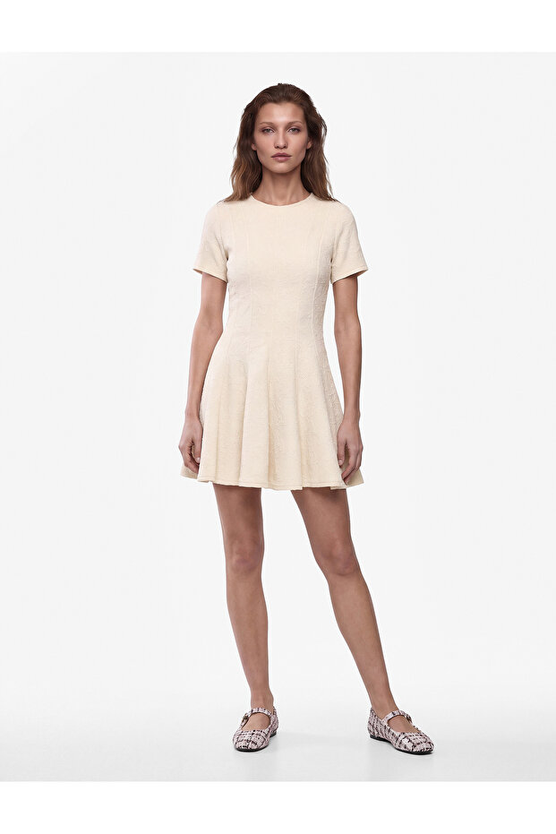 Crew Neck Short Sleeve Floral Textured Voluminous Mini Flared Dress