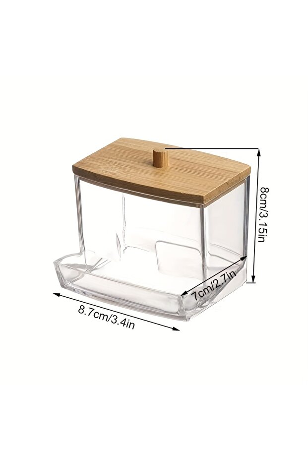 B-Wooden Lid 1pc Clear Cotton Swabs Storage Holder Dispenser, Cotton Pads Holder With Lids, Bathroom