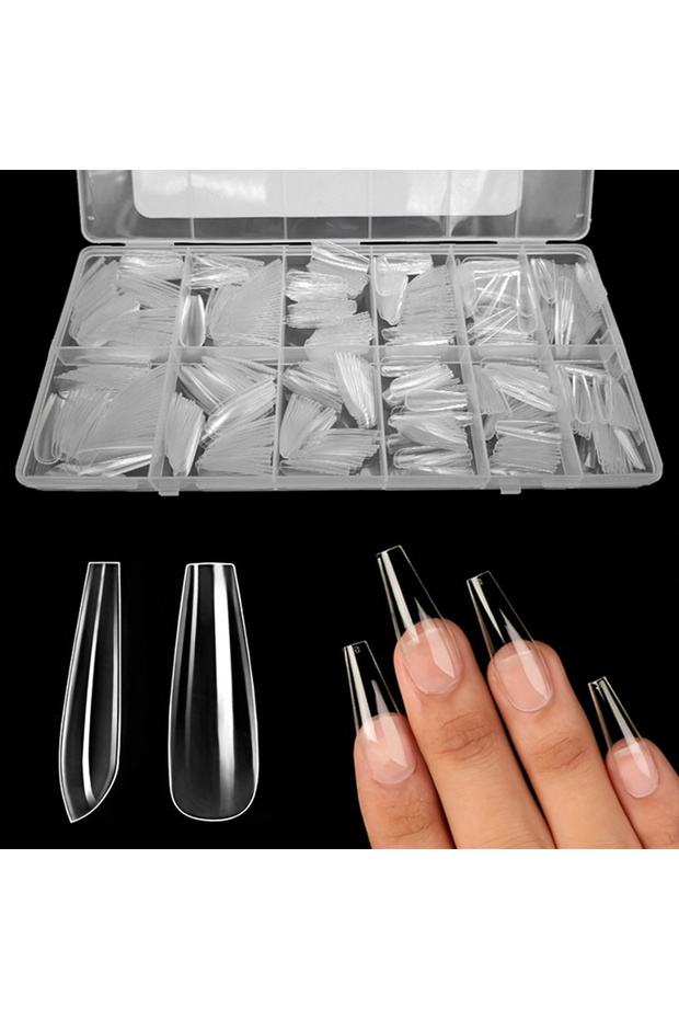 Cofiin-L 600pcs/box Clear Nail Tips Set, Medium/Long Coffin, Square, Almond, Stiletto, Oval, Round S