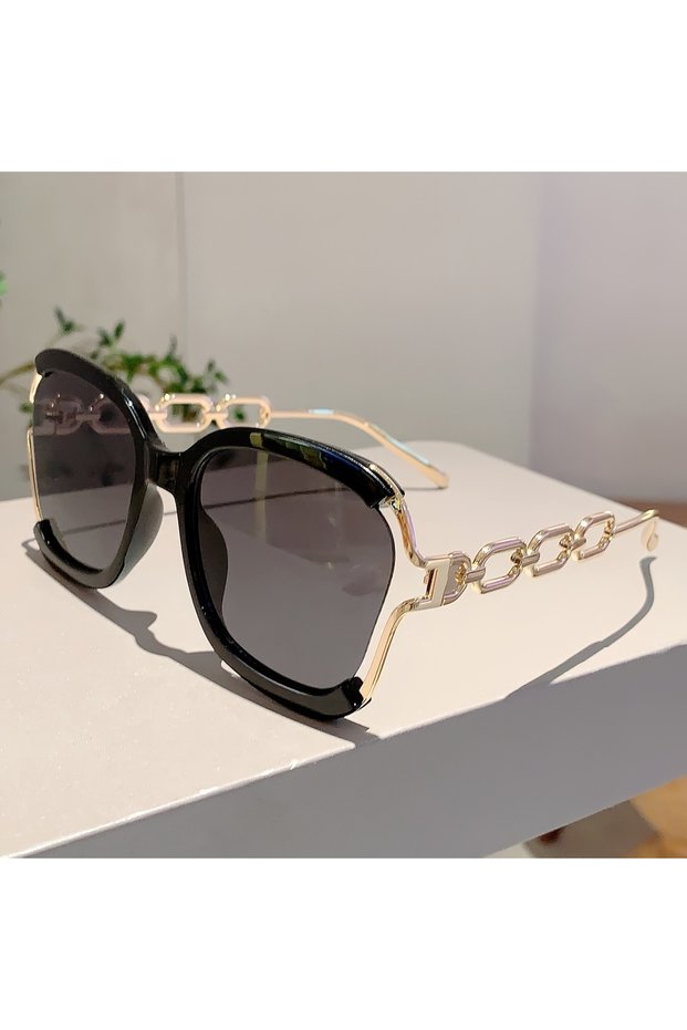 Black New Chic Square Fashion Glasses, Gradient Lens, Detachable Faux Pearl Chain - Trendy, Stylish