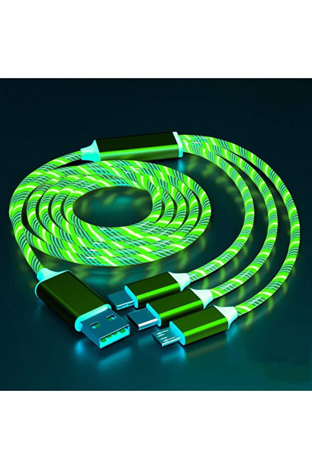 1m 3in1 Green Glowing LED 3 IN 1 Cable For Samsung Xiaomi iPhone Flowing Streamer Light Fast Charger