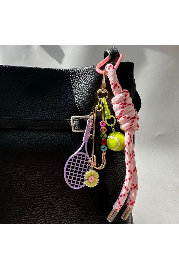 PURPLE Alloy Tennis Racket Set Keychain Gold Brooch Letter Beads Sunflower Bag Charm Mobile Phone Ch