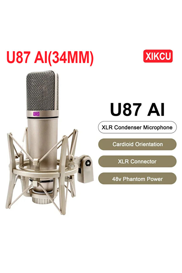 U87 AI(34MM) XIKCU Professional Podcast Live SoundCard Equipment Bundle with 48V XLR Microphone for