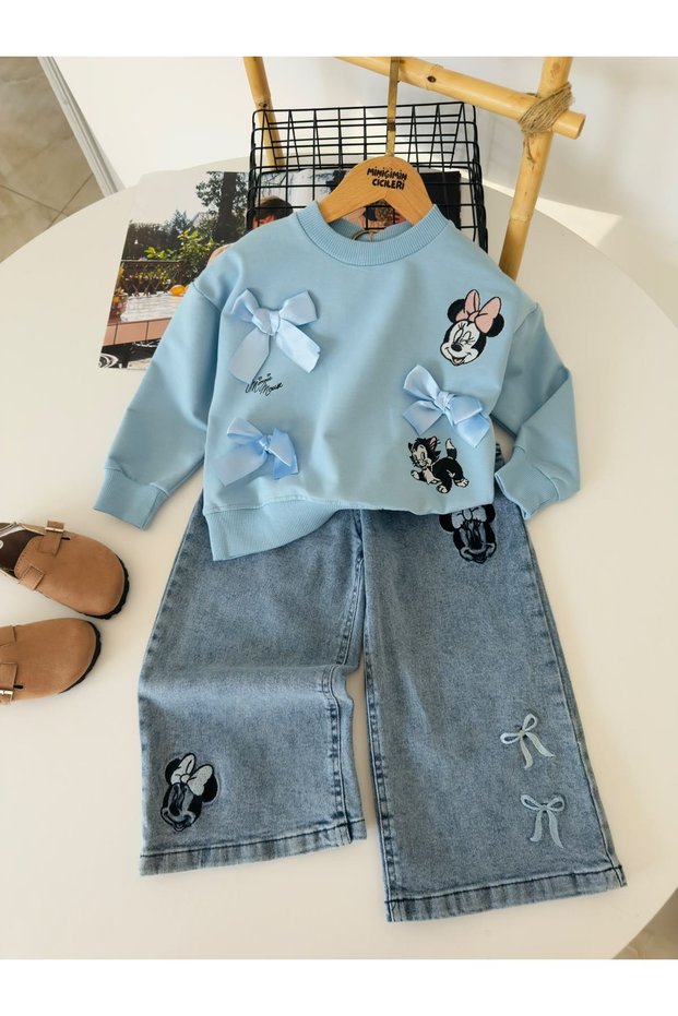 Mnn Bowknot Detailed Girls' Jeans and Pants Set - Blue