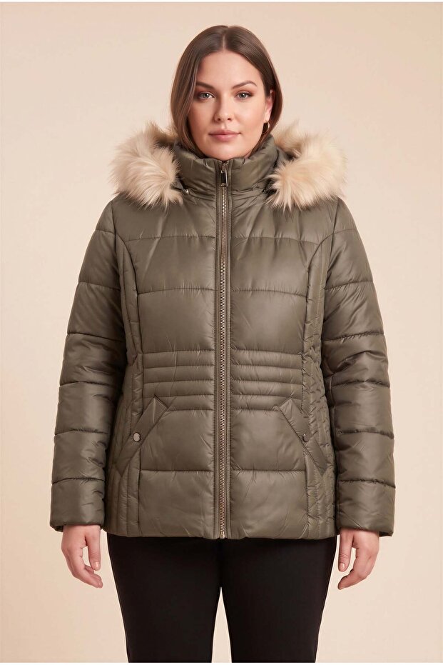 Hooded Large Size Khaki Quilted Coat