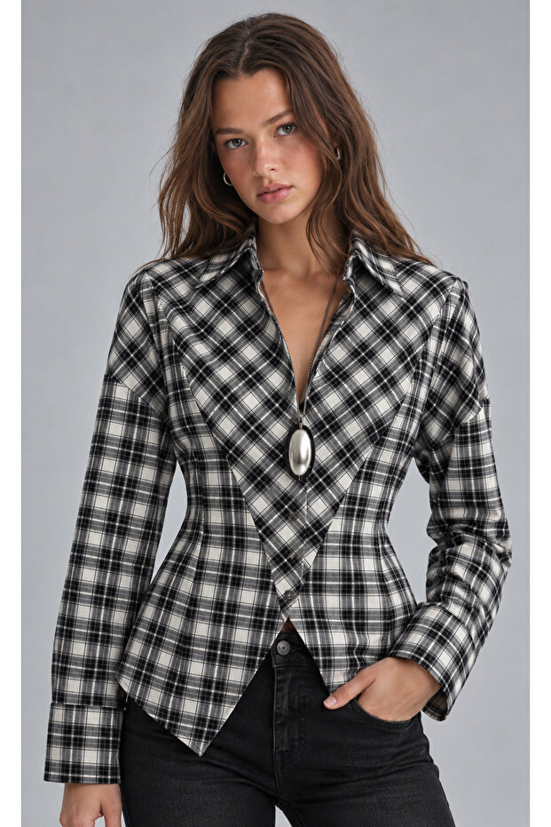 Black Plaid Patterned Women's Shirt with Belted Waist | Ek1001611527