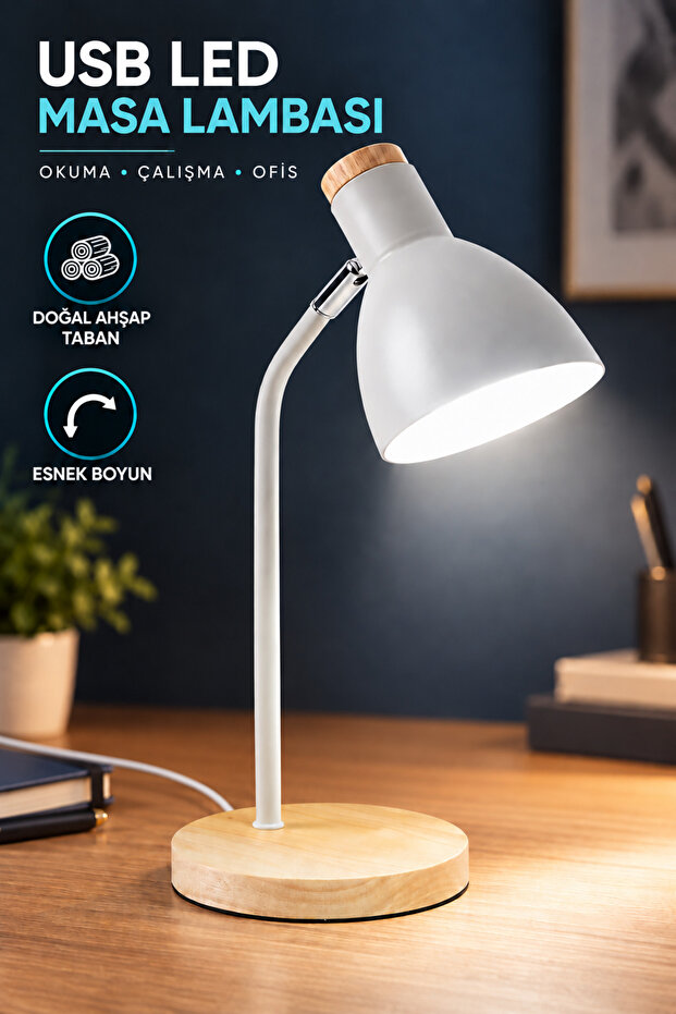 USB Led Desk Lamp Modern Decorative with White Wooden Base, Stylish Flexible Neck Office and Study Lamp