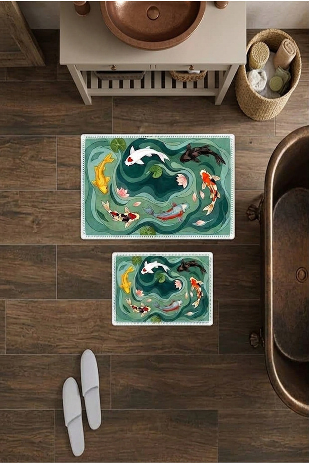 Decorative Digital Printed Set of 2 Bath Mat Non-Slip Base Toilet Set