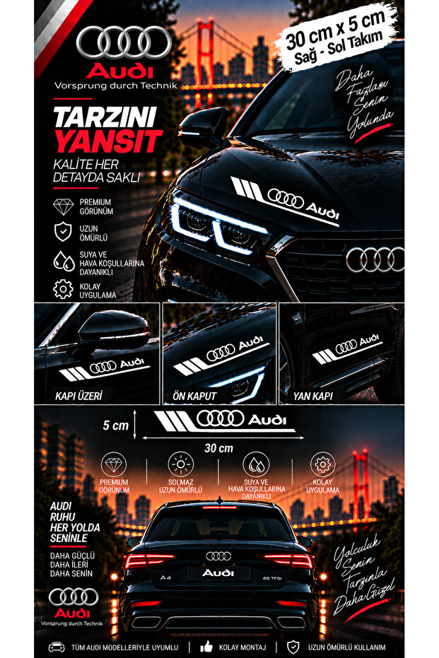 Audi Compatible Sport Body Stripe Sticker Right Left Side Door Fender Sticker 2 Pieces