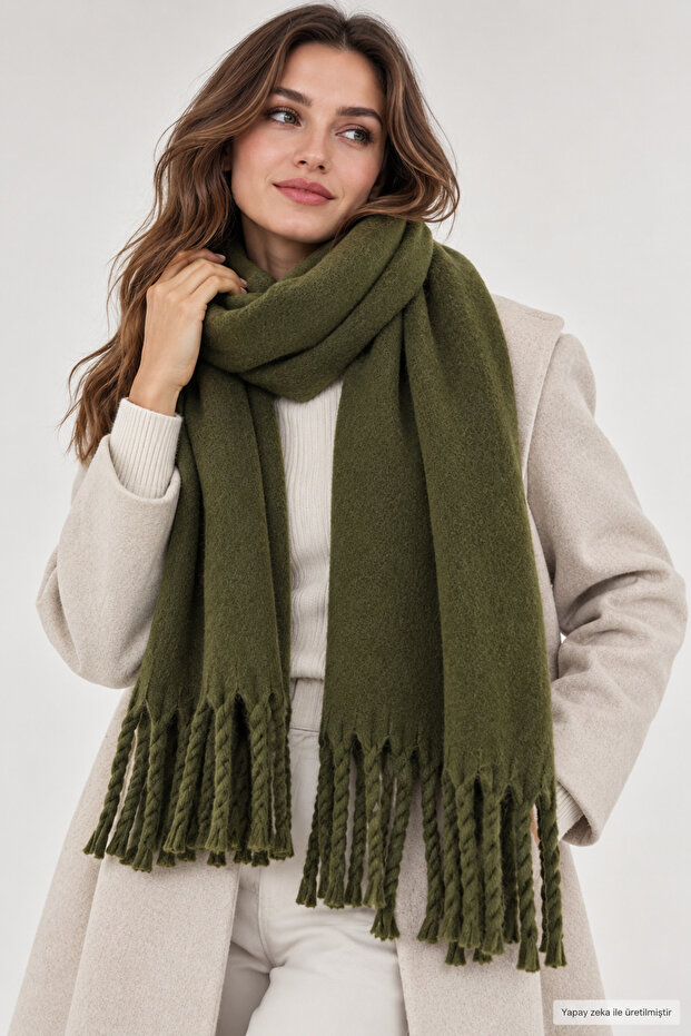 Women's Winter Tassel Scarf | Soft Textured Thick Shawl - Soft Boucle Scarf - Pasta Model
