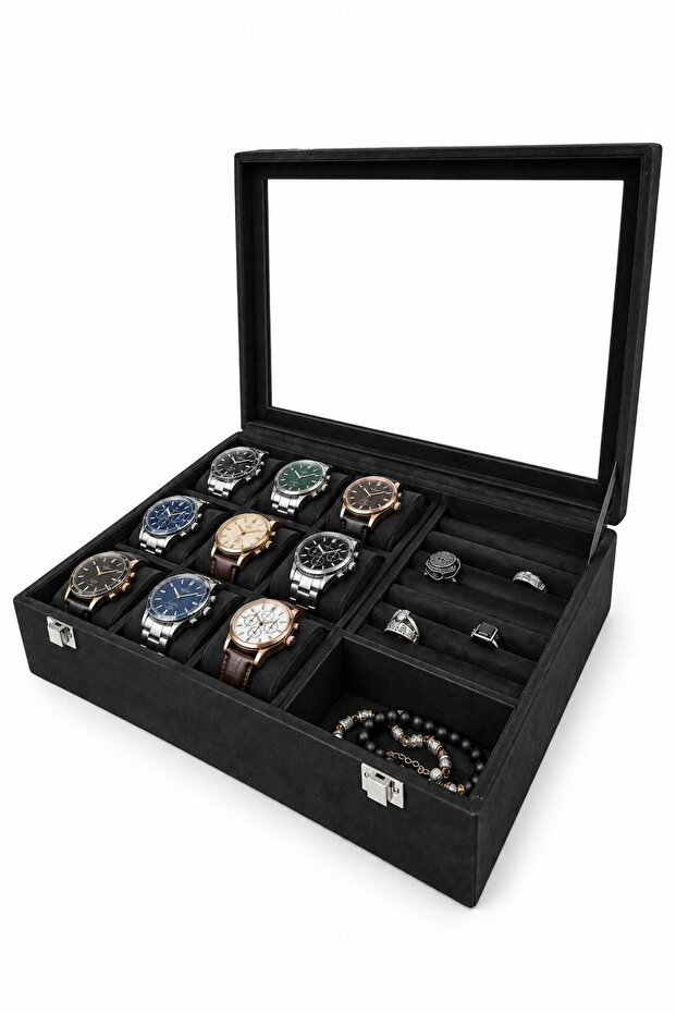 Watch Box 9 Pieces with Jewelry Compartments Alcantara Black