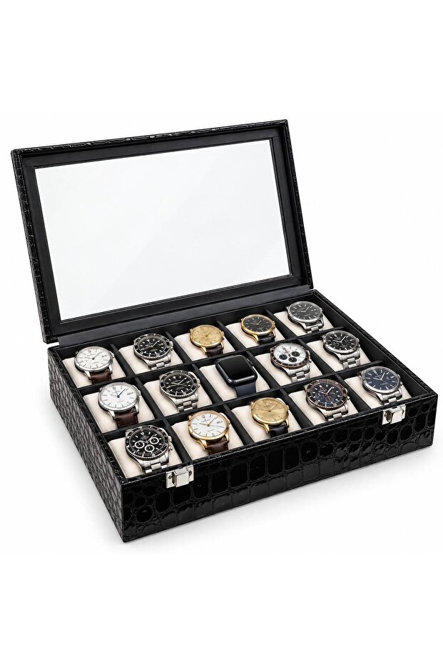 15-Piece Watch Box Patent Leather Black