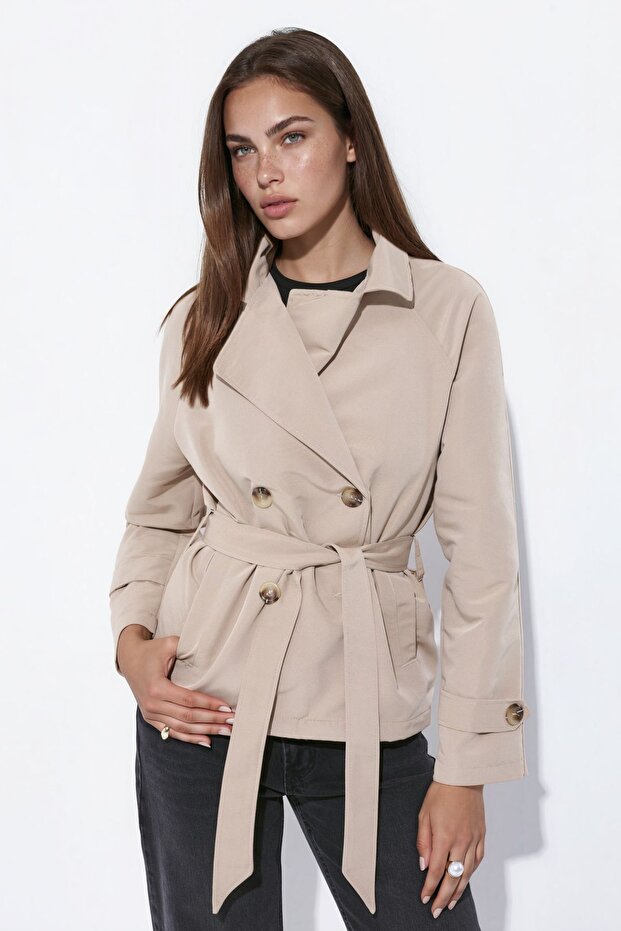 Belted and Draped Short Trench Coat