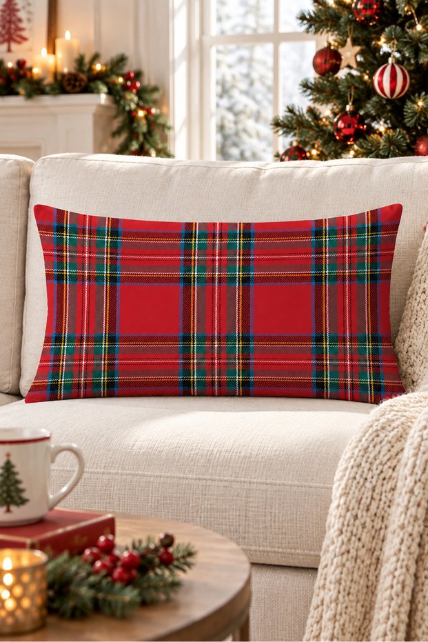 New Year's Themed Plaid Patterned Velvet Throw Pillow Case 35X55 cm - Decorative Pillow Case