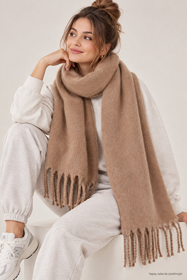 Vizyon Women's Winter Tassel Scarf | Soft Textured Thick Shawl - Soft Boucle Scarf - Pasta Model
