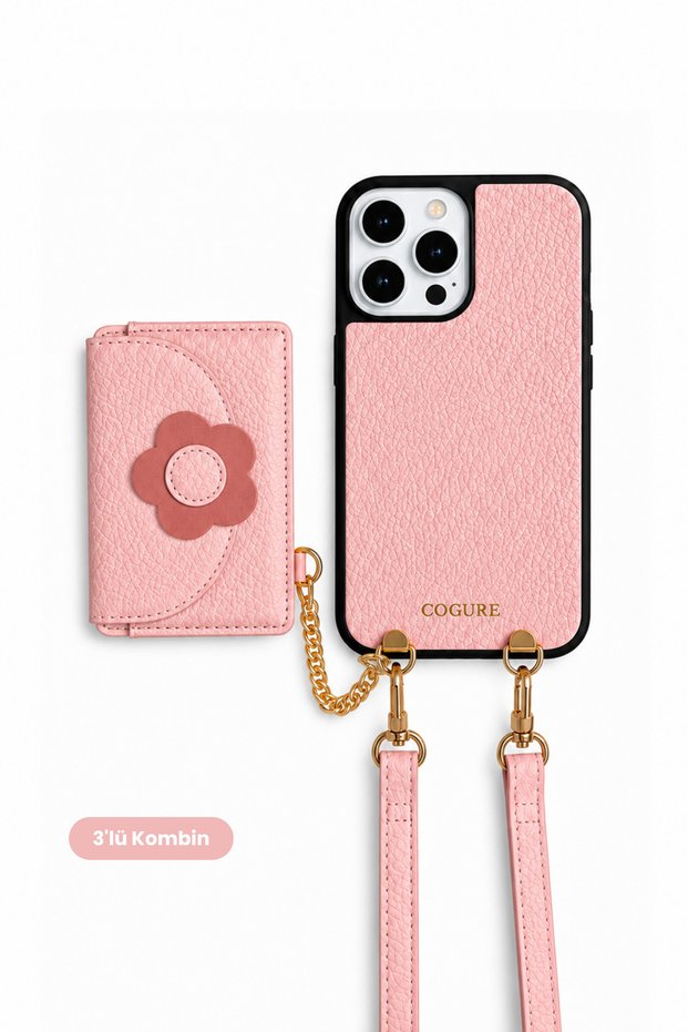 Hera iPhone 16 Pro Max Compatible Floral Detailed Magsafe Wallet, Crossbody Strap, Case 3-Piece Pink Set
