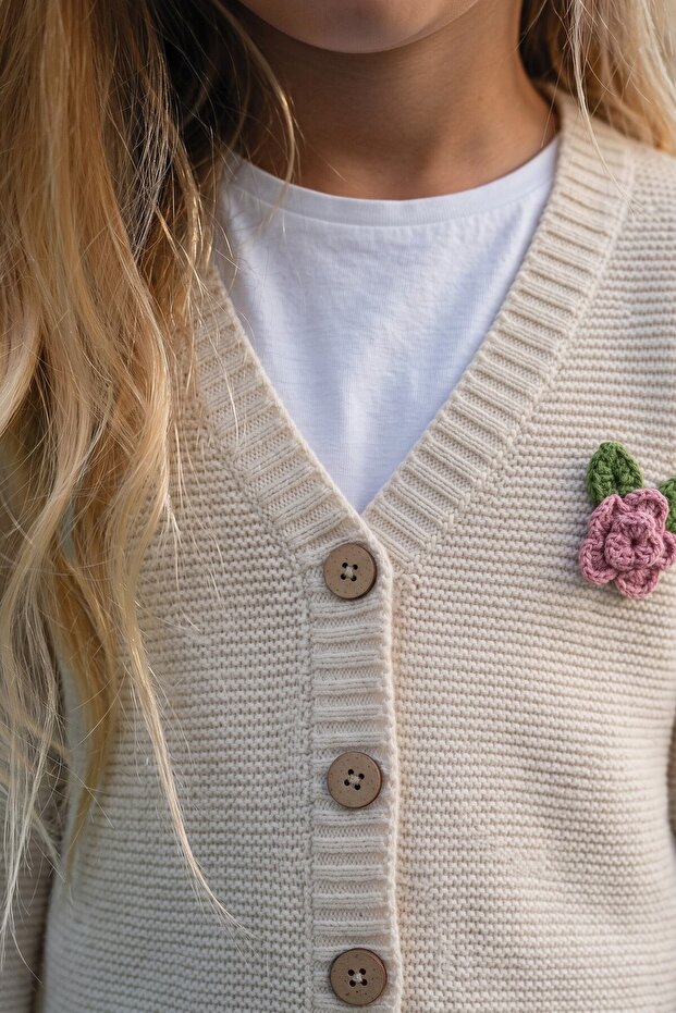 V-Neck Links Rose Cardigan 2-7 Years Natural
